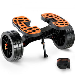 Heavy duty kayak cart with orange frame, black 10-inch solid tires, and included strap.