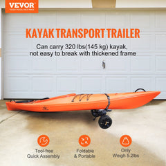 Heavy duty kayak cart with 320 lbs capacity and 10-inch solid tires, shown transporting an orange kayak.