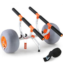 Foldable heavy-duty kayak cart with orange foam handles, silver frame, 12-inch gray balloon tires, and black strap.