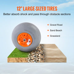 Foldable kayak cart with 12-inch gray all-terrain tires on gravel, sand, and grass surfaces.