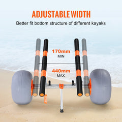 Foldable heavy-duty kayak cart with adjustable 170-440mm width and 12-inch all-terrain tires on sand.