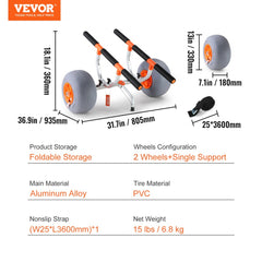 Foldable heavy duty kayak cart with 12-inch PVC tires, aluminum frame, and 350 lb capacity.