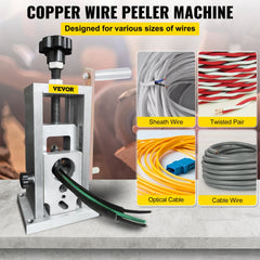Drill-powered wire stripping machine with adjustable blade for wires 0.06 to 1.57 inches.