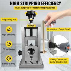 Drill-powered wire stripping machine with adjustable blade for 0.06 to 1.57-inch wires.