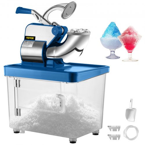 Electric ice crusher with dual stainless-steel blades and 9-gallon storage box.