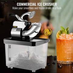 Bostome Commercial Ice Crusher with dual stainless-steel blades and 9-gallon storage box.