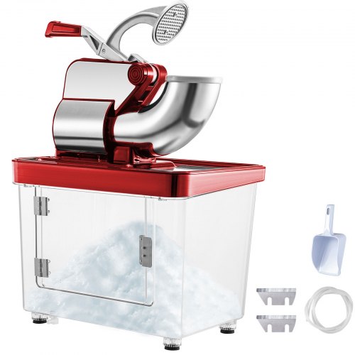 Red 110V commercial ice crusher with 300W motor, silver blades, and clear storage bin on a base.