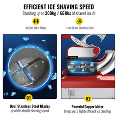 Red 110V commercial ice crusher with dual stainless steel blades and powerful copper motor.