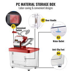 Red 110V commercial ice crusher with 300W motor, stainless blades, and 9-gallon PC storage box.