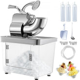 Silver stainless steel commercial ice crusher with crank handle, clear ice storage bin, and sample shaved ice bowls.