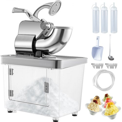 Silver commercial ice crusher with transparent storage bin, bottles, scoop, and sample shaved ice bowls.