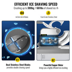 Commercial ice crusher with dual stainless steel blades, powerful copper motor, and 440 lbs/h capacity.