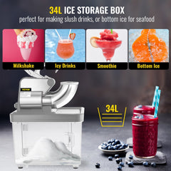 Commercial ice crusher with 9-gallon transparent storage bin for shaved ice.
