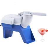 White electric shaved ice maker with blue base, crank handle, and a glass of shaved ice.