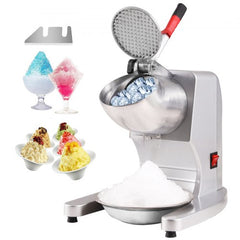 Silver stainless steel electric ice crusher with 300W motor, red handle, and shaved ice samples.