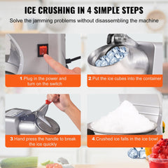 An electric ice crusher is shown in four steps: plugging it in, adding ice, pressing the handle, and collecting crushed ice.