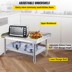 Stainless steel prep table with adjustable undershelf and sturdy construction for kitchen use.