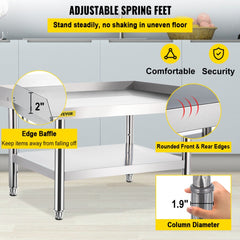 Stainless steel prep table with adjustable undershelf and sturdy construction for kitchen use.