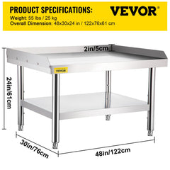 Stainless steel prep table with adjustable undershelf and reinforced legs for stability.