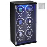 Bostome 6-watch winder with black PU interior, blue LED light, and quiet Mabuchi motors.