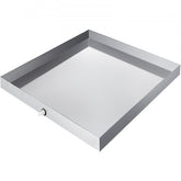 Galvanized steel drip pan measuring 32x30x2.5 inches for washing machines with raised edges.