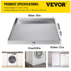 Galvanized steel washing machine drip pan, 32x30 inches with 2.5-inch edges and drain hole.
