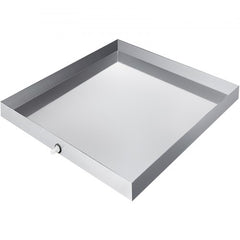 Stainless steel washing machine drip pan with drain, measuring 32x30x2.5 inches.