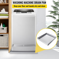 Stainless steel washing machine drip pan with drain, measuring 32x30x2.5 inches.