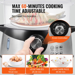 9.5QT electric food steamer with 3 tiers, rice bowl, and anti-scald handles for safe cooking.