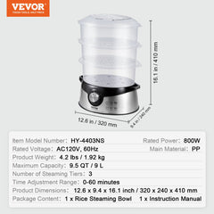 Bostome 9.5QT electric food steamer with three tiers and a rice bowl for versatile cooking.
