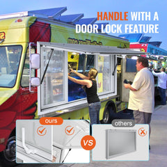 Aluminum alloy food truck window with sliding mesh panels and hydraulic awning open on a truck side.