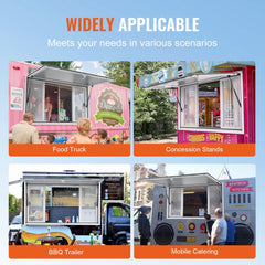 Collage showing aluminum alloy service window installed on food truck, BBQ trailer, concession stand, and mobile catering van.