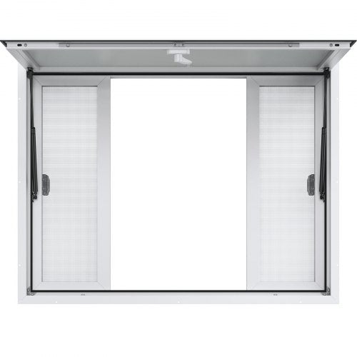 Aluminum food truck concession window with awning and four sliding mesh windows.