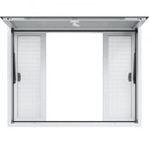 Aluminum food truck concession window with awning and four sliding mesh windows.
