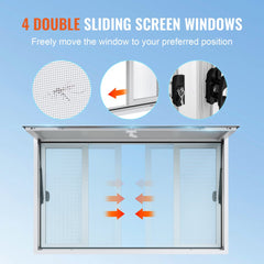 60x36 inch aluminum alloy food truck service window with four sliding mesh screens and awning.