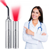 Silver 2-in-1 red light therapy wand with removable tip held by smiling woman in white lab coat.