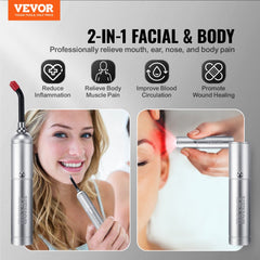 Silver 2-in-1 red light therapy wand with removable tip, shown in use on face and body.