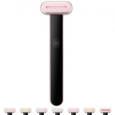 A rose gold and black facial wand with a power button and seven interchangeable LED heads.