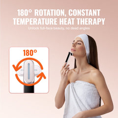 Woman using a handheld 7-color LED red light therapy wand on her face, with 180-degree rotation and heating features.