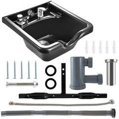 Black ABS plastic wall-mount shampoo bowl with a square design and adjustable faucet.