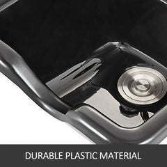 Black ABS plastic wall-mount shampoo bowl with a square design and adjustable faucet.