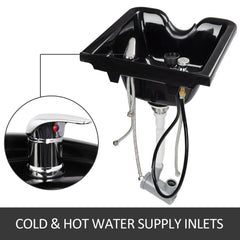 Black ABS plastic wall-mount shampoo bowl with a square design and hot/cold water inlets.