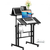 Height adjustable mobile standing desk with gas-spring mechanism and 360° swivel wheels.