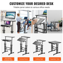 Height adjustable mobile standing desk with gas-spring mechanism and lockable swivel wheels.