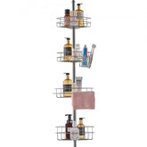 Bostome shower corner caddy tension pole with four trays and adjustable height from 56 to 114 inches.