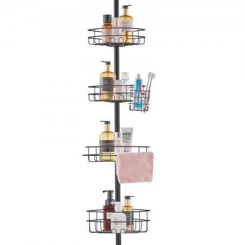 Bostome Shower Corner Caddy Tension Pole with four trays and a towel rack for organized storage.