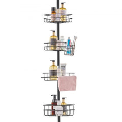 Bostome Shower Corner Caddy Tension Pole with four trays and a towel rack for organized storage.