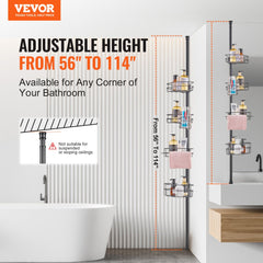 Adjustable rust-proof shower corner caddy with four trays and a towel rack for organized storage.