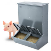 Galvanized steel hog feeder designed for 8 pigs with a 3.7 bushel capacity and rolled edges.