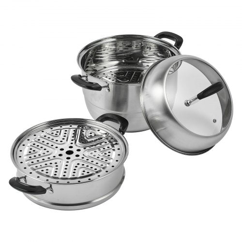 Bostome 3-tier stainless steel steamer pot set with an 8.5QT stock pot and glass lid.